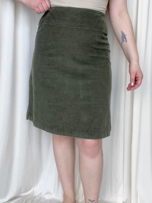 Vintage Olive Green Corduroy Knee Length A Line Skirt - Medium