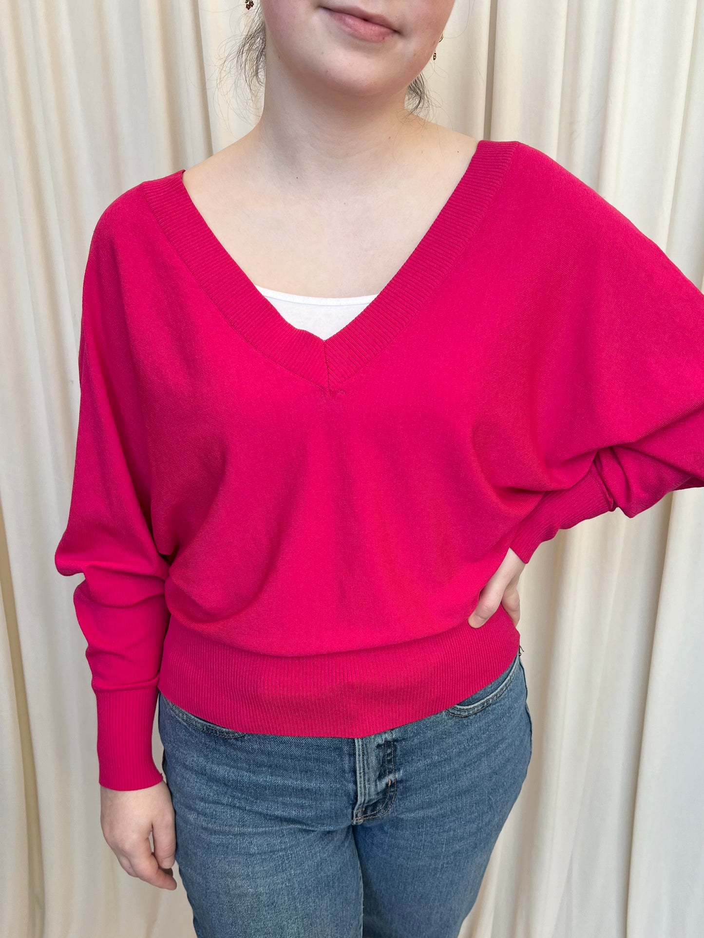 Hot Pink V Neck Sweater - Small