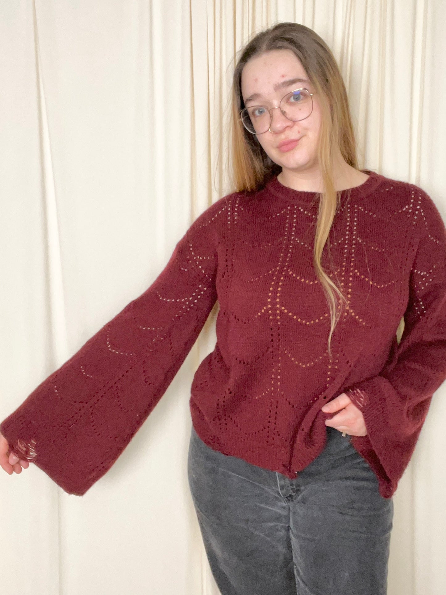 Maroon Bell Sleeve Sweater - Medium