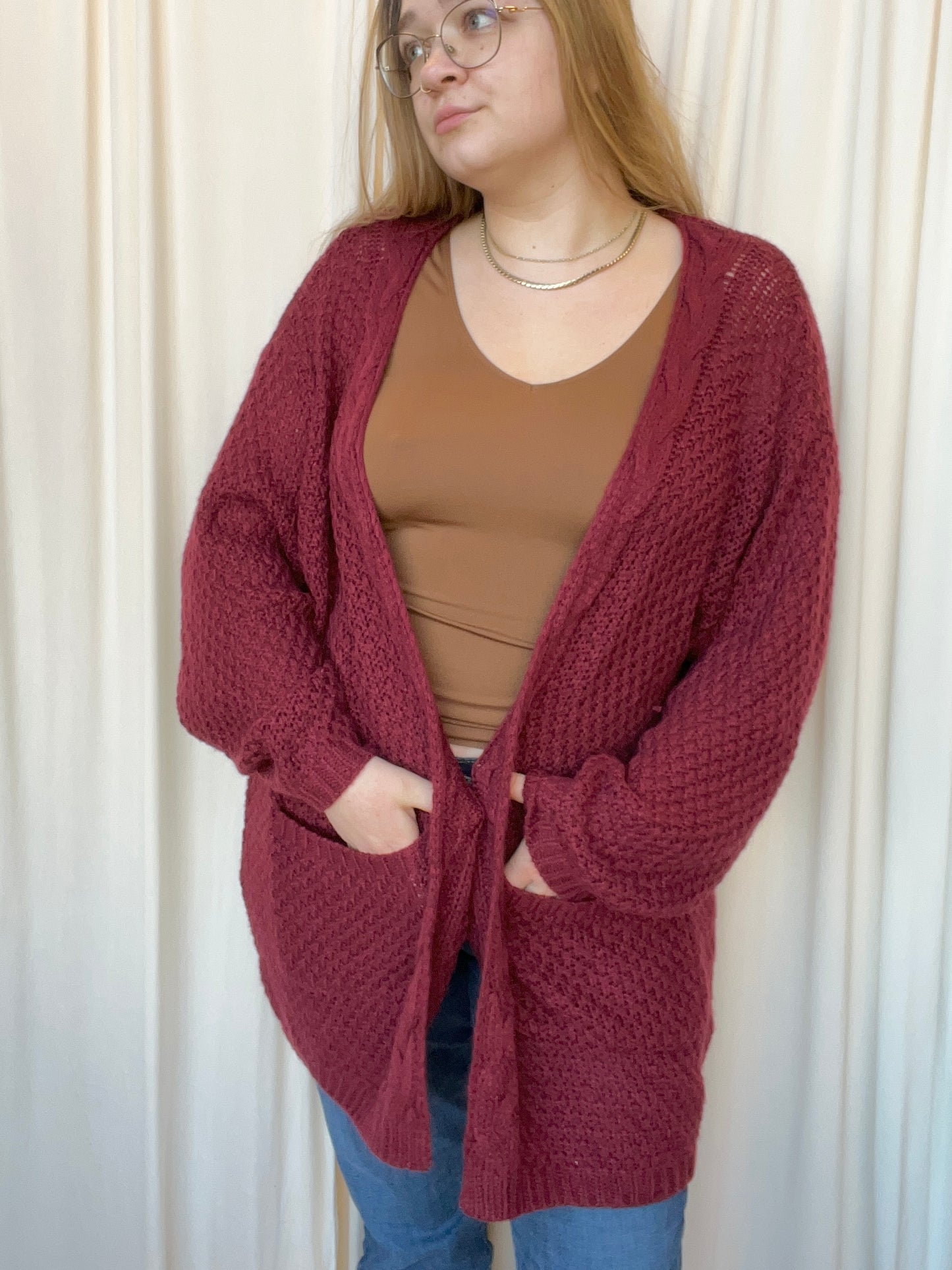Red Cable Knit Cardigan - 1X-Large