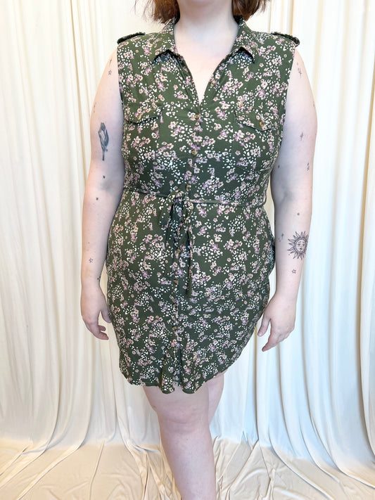 Green Button Up Floral Dress - 2X-Large