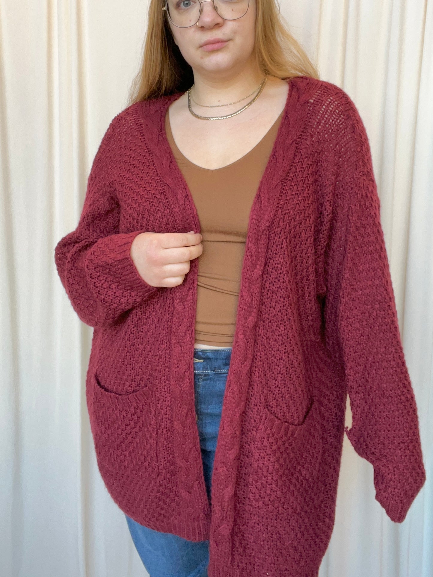 Red Cable Knit Cardigan - 1X-Large
