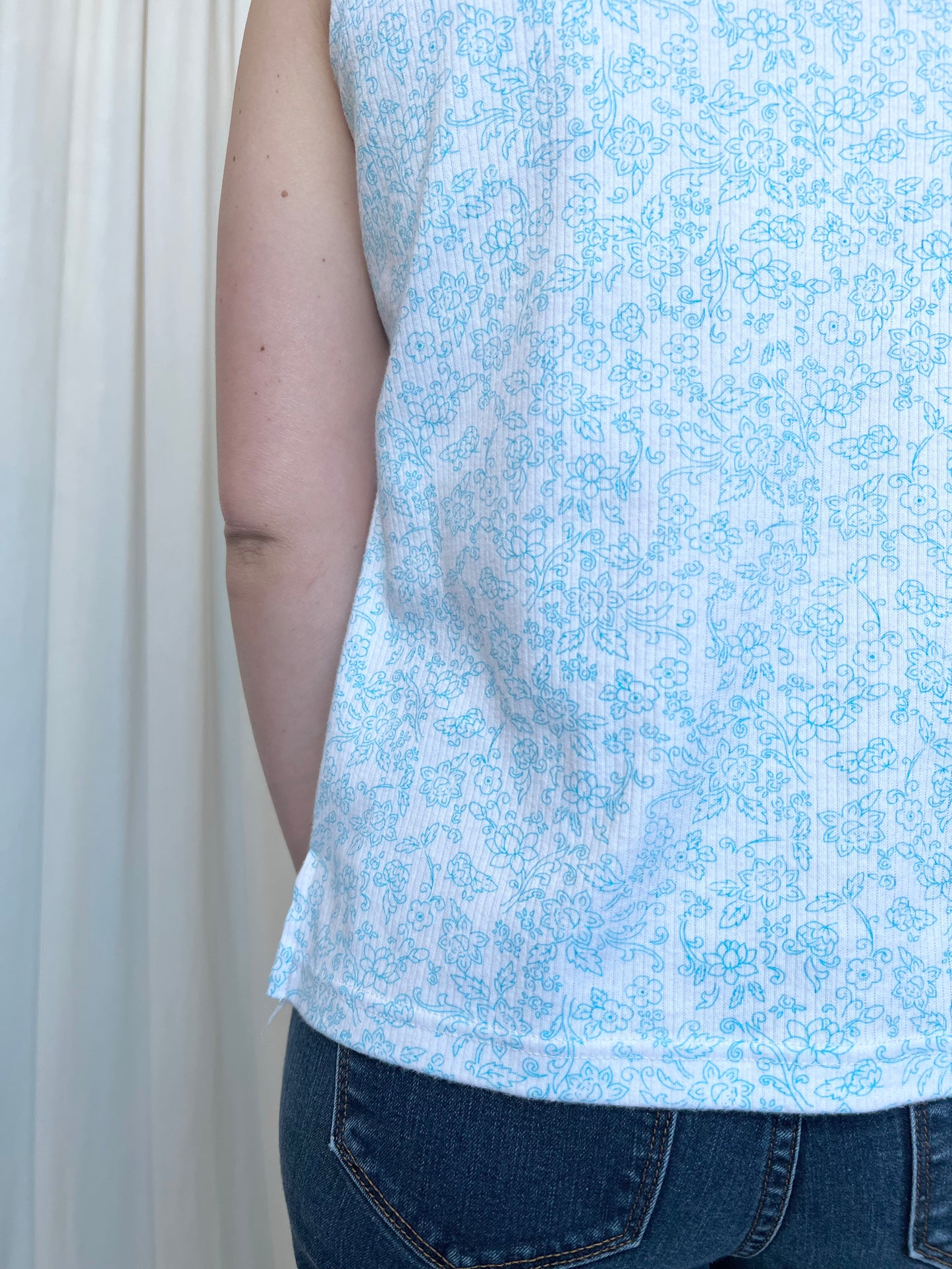 White and Blue Floral Tank - Medium