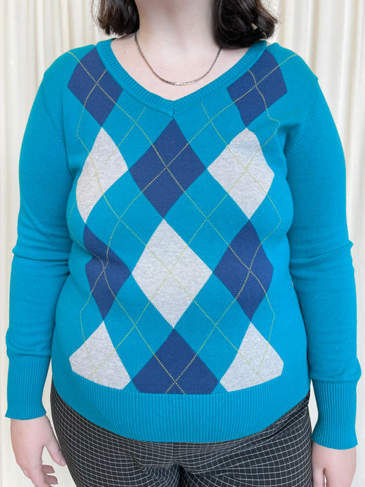Teal Argyle Sweater - X-Large