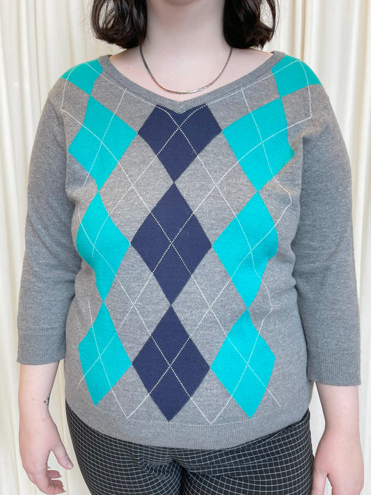 Gray and Blue Argyle Sweater - X-Large