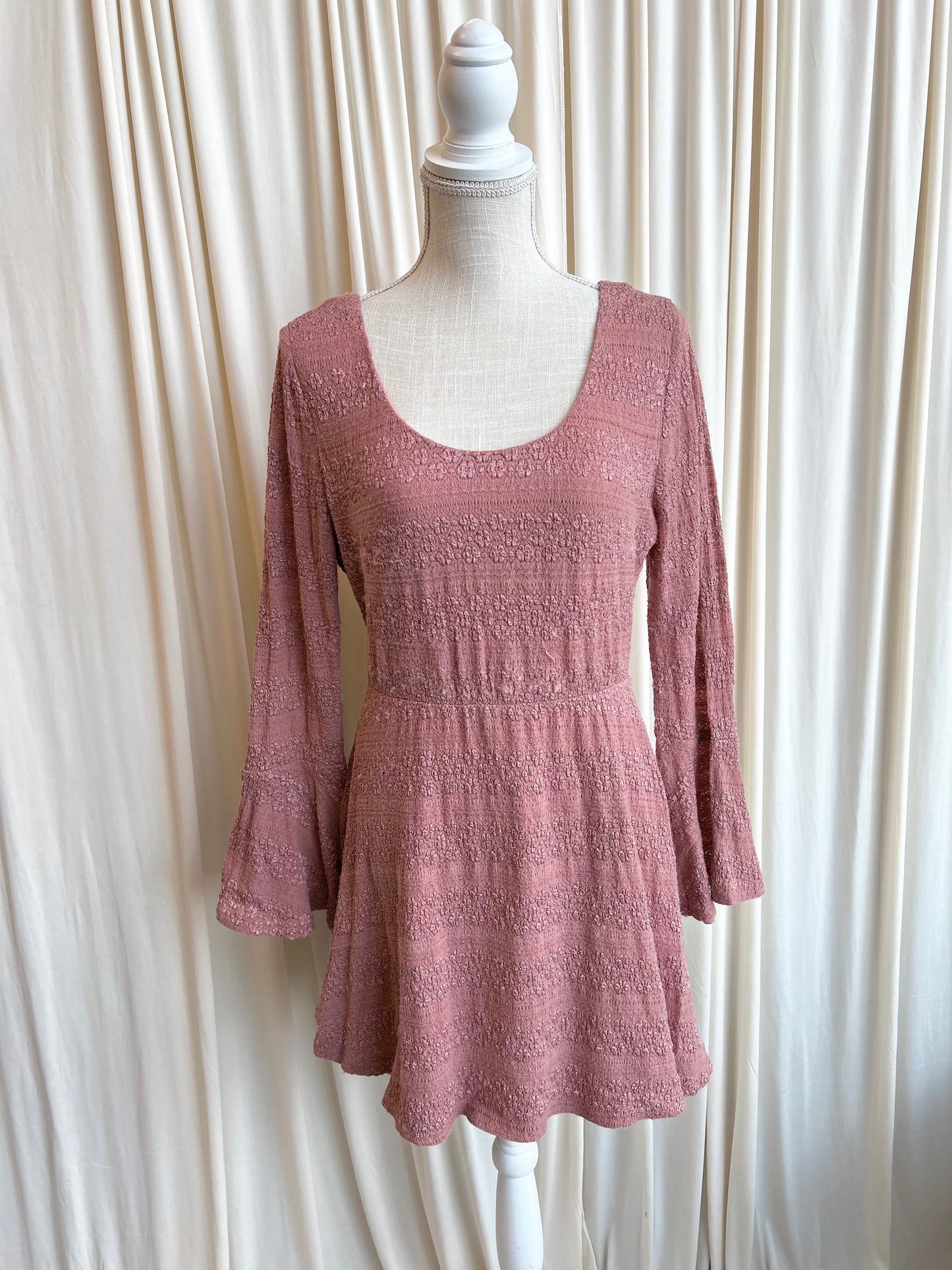 Pink Long Sleeve Lace Dress - Large