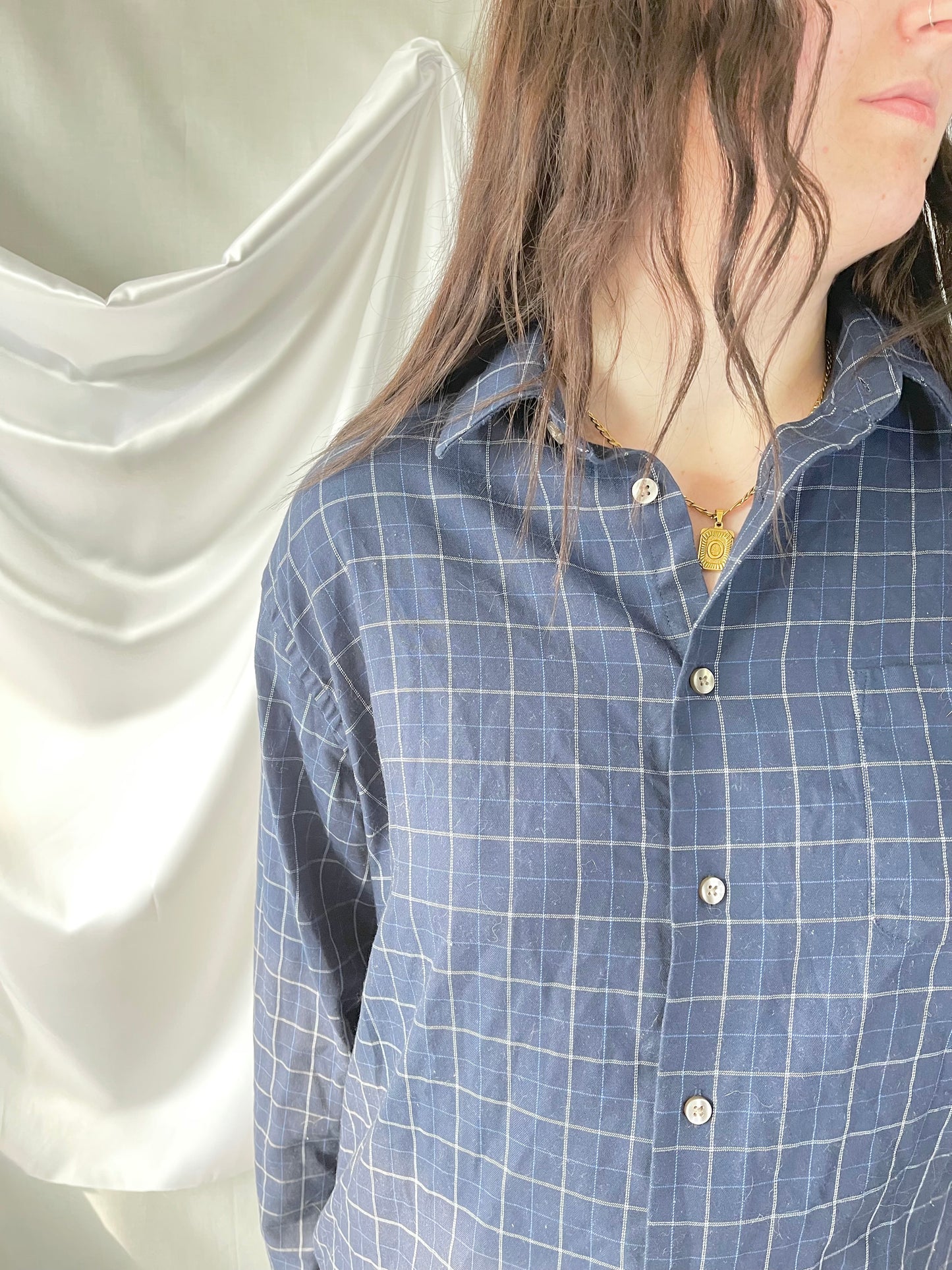 Navy Plaid Button Up - Large